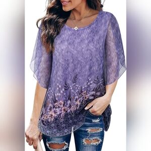 Sese Code Size XXXL Floral Purple Chiffon Blouse